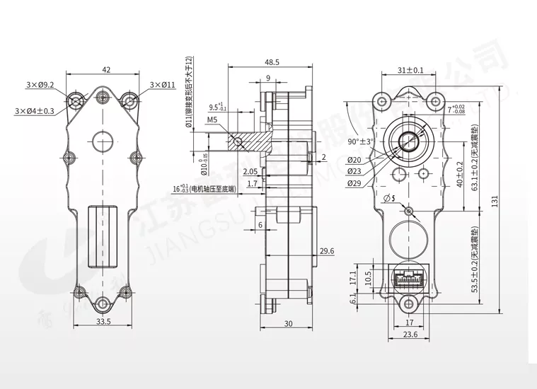 Dimensiones mecánicas del conjunto de transmisión por engranajes 25ZYJ1-1