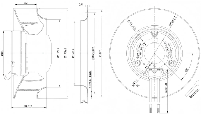 Abmessungen des Φ175 EC Rückwärtsgekrümmten Radialventilators 2