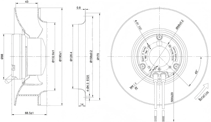 Abmessungen des Φ190 EC-Radialventilators mit rückwärtsgekrümmter Rotorblätter