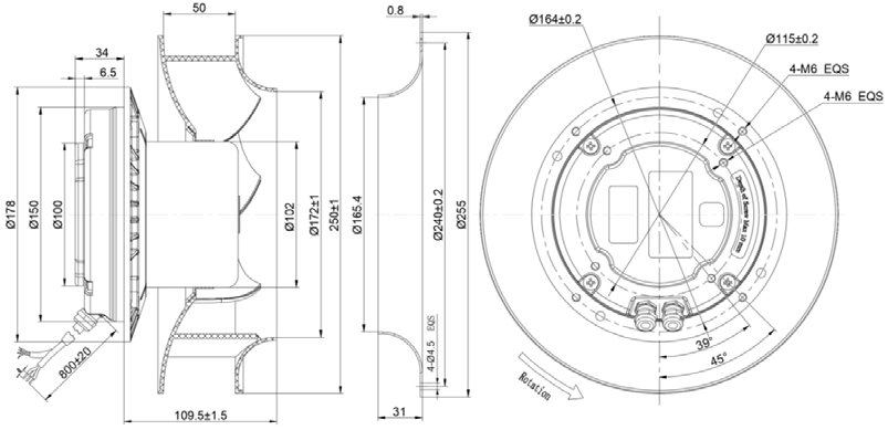 Dimensions du ventilateur centrifuge à inertie inversée Φ250 EC-3