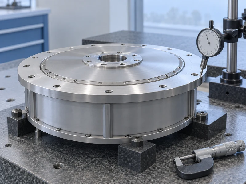 A dial indicator positioned over a disc shaped motor flange on an inspection bench A dial indicator positioned over a disc shaped motor flange on an inspection bench