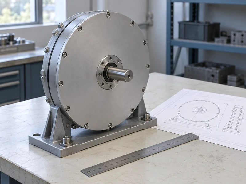 A disc shaped motor beside an installation drawing on an engineering bench A disc shaped motor beside an installation drawing on an engineering bench