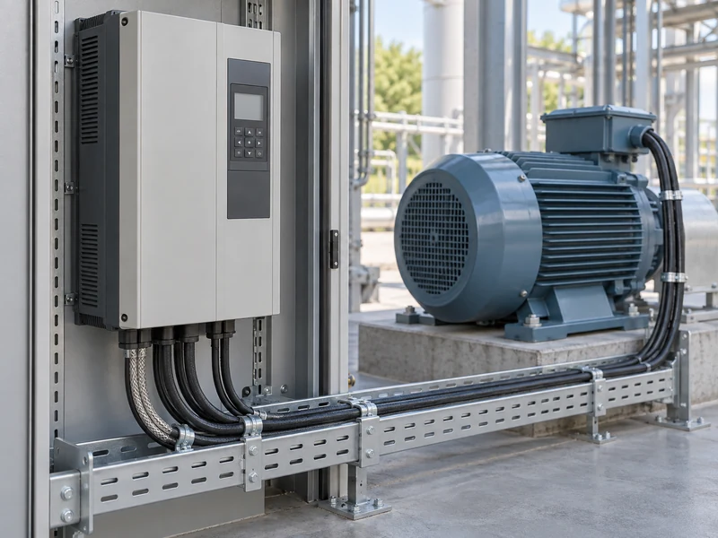 A variable speed drive and an industrial motor with organized cable routing A variable speed drive and an industrial motor with organized cable routing