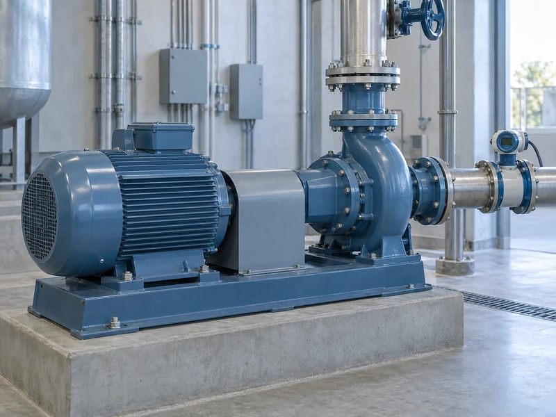 A motor and centrifugal pump installed on a common industrial base A motor and centrifugal pump installed on a common industrial base