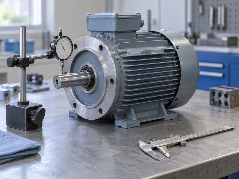 A dial indicator positioned beside the shaft of an unpowered industrial motor